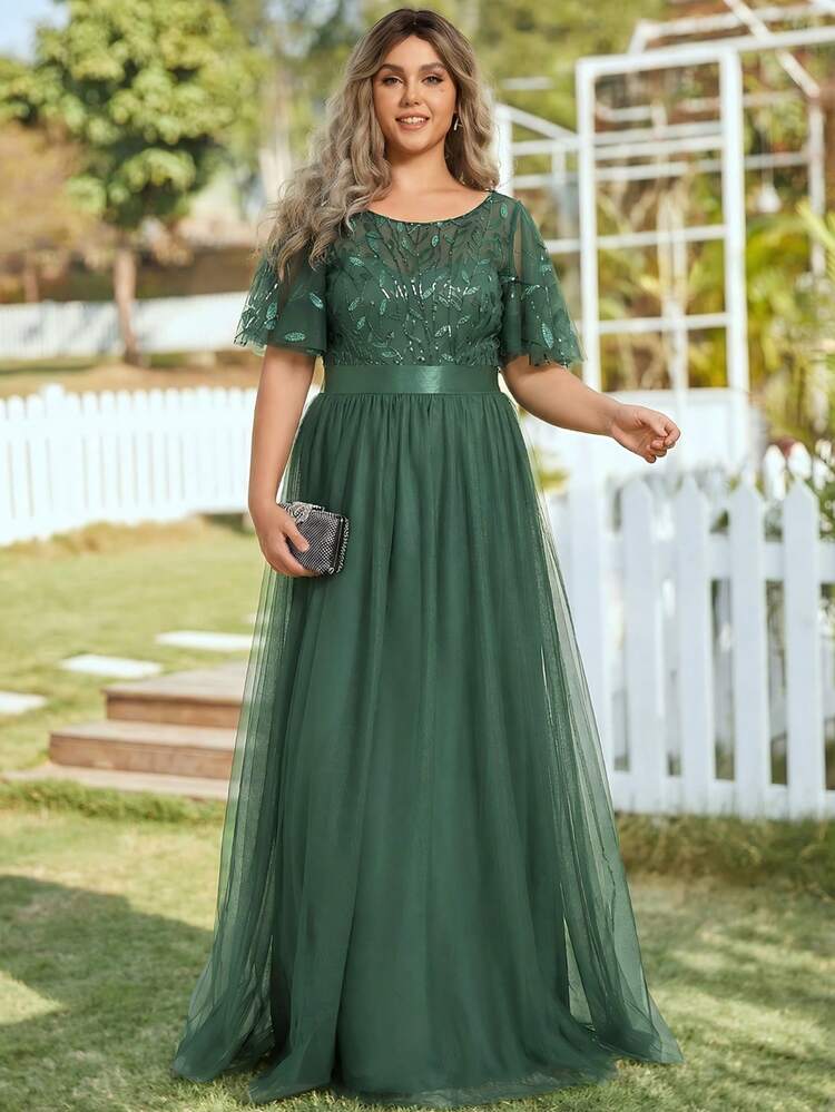 green dress for wedding guest plus size Ever-Pretty Inclusive Plus Size Glitter V-Neck Flutter Sleeve Midi Cocktail Dress