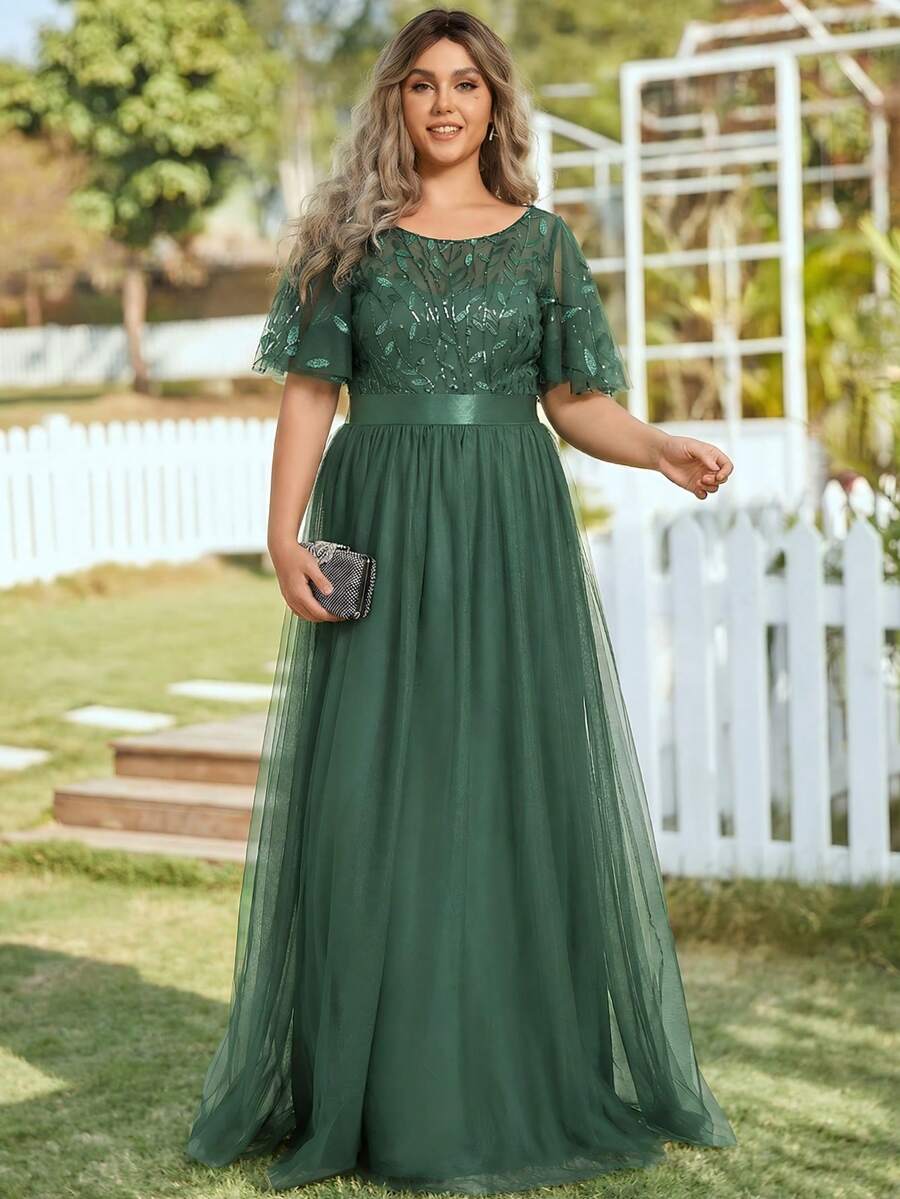 加大码花卉亮片连衣裙，网纱撞色森林绿伴娘礼服，春夏婚礼宾客晚宴礼服