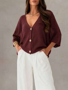 Women's New V-Neck Crochet Hollow Semi-Sheer Drop Shoulder Button Up Cardigan, Casual Fashionable Basic Lightweight Loose Knit Top, Suitable For Spring, Summer, Autumn - Burgundy - View 2