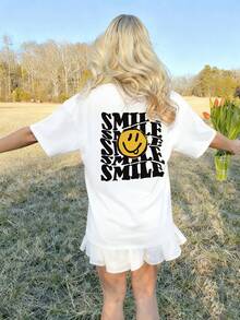 1 件女童休闲笑脸图案圆领短袖 T 恤，富有想象力和自我表达的夏季学生上衣 - 白色 - 查看 8