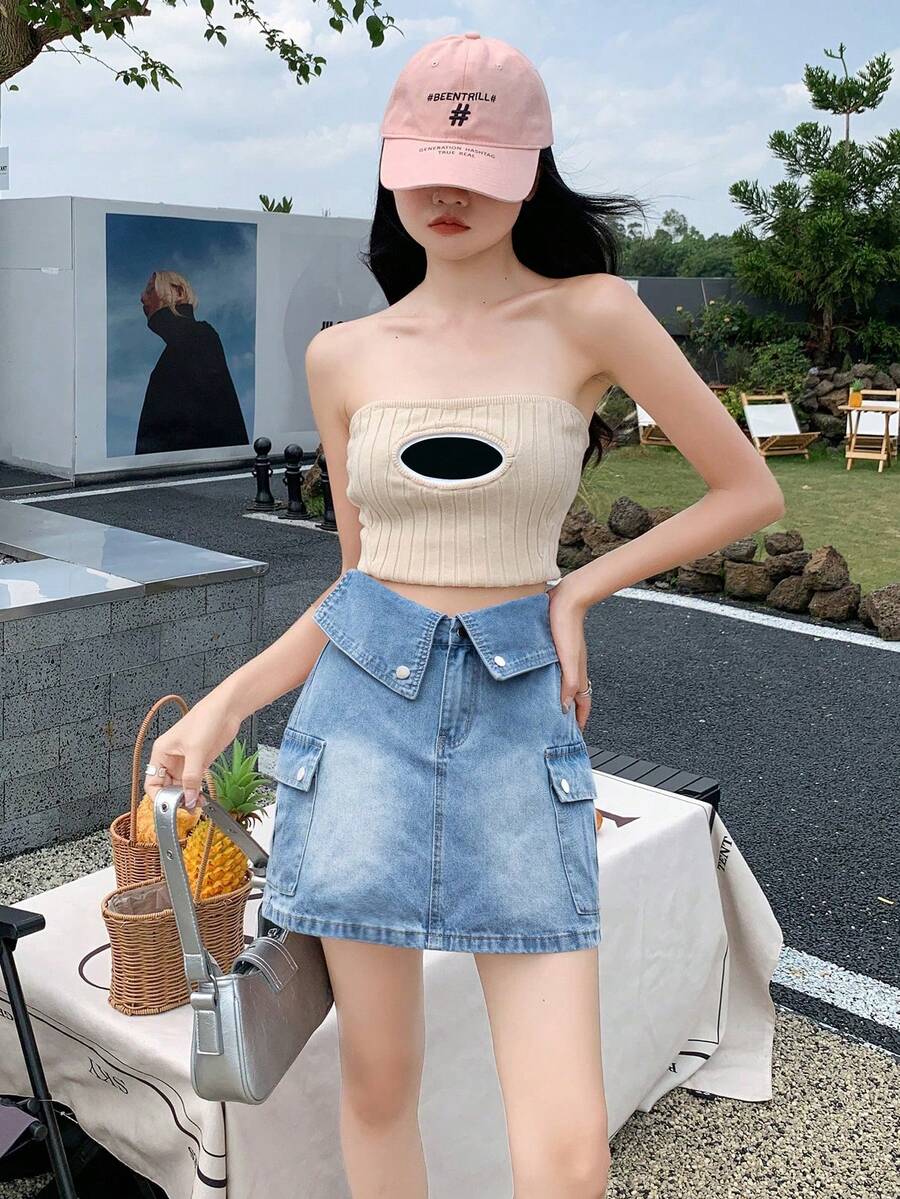 女士夏季休闲束口腰带工装口袋牛仔迷你裙 - 淺色水洗藍 - 查看 1