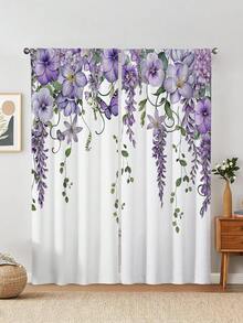 2pcs Purple Floral Butterfly Lavender Print Kitchen Window Curtain,Without Holes Curtain,Refer To Bedroom Office Kitchen Living Room Study Home Decor - Multicolor - View 5