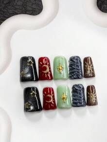 10片复古时尚美甲贴纸，亚克力美甲套装，手绘金色日月美甲装饰，纯色水波纹美甲设计，金色镂空五角星，星空美甲配件，美甲用品，手工按压式美甲贴片 - 彩色 - 查看 12