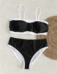Conjunto de bikini de dos piezas de talla grande para mujer, con bloques de color negro y blanco, tirantes, copa triangular, sexy y elegante, adecuado para vacaciones, fiestas, citas en la playa, Día de San Valentín, traje de baño casual sin tirantes