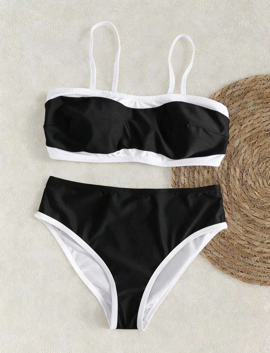 Plus Size Women's Two Pieces Summer Beach Holiday Black And White Color Blocked Suspender Triangle Cup Sexy Elegant Bikini, Suitable For Vacation, Party, Beach Date, Valentine's Day Casual Strapless Swimsuit Set - Black and White - View 1
