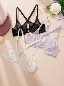 Wingslove 3pcs Women's Front Closure Lace Bras, Criss-Cross Back Sheer Unpadded Minimalist Lingerie Set - Multicolor - View 1