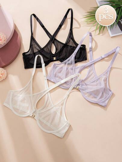 Wingslove 3pcs Women's Front Closure Lace Bras, Criss-Cross Back Sheer Unpadded Minimalist Lingerie Set