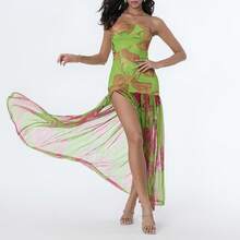 Women's Tube Top Dress Slim Strapless Backless Mesh Patchwork Tropical Leopard Print High Slit Long Dress for Party Club Night - Verde - Ver 6