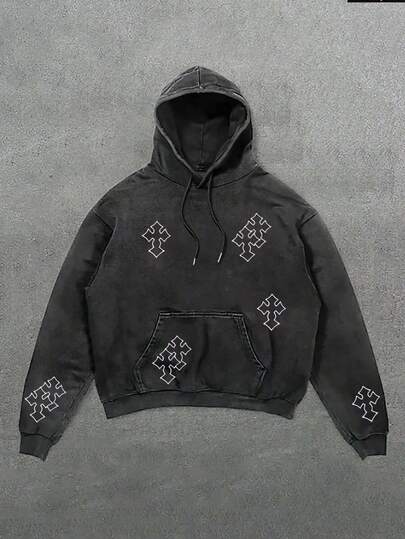 Vintage Washed Black Pullover Hoodie | White Cross Graphic Streetwear Top