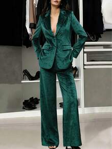 Women's Velvet 2-Piece Set, Long Sleeve Blazer Jacket And Casual Pants, Faux Pocket Elegant 2-Piece Set, Thanksgiving Halloween Vibe, Autumn New Arrival Fashion Must-Have High-End Luxurious Long Sleeve Belted Loose Straight Pants 2-Piece Set, Versatile Daily Wear, Graceful & Youthful, Autumn/Winter