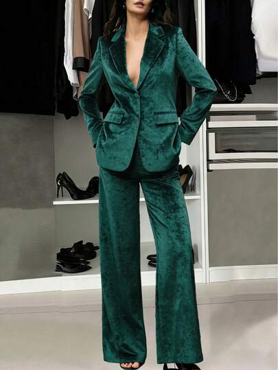 Women's Velvet 2-Piece Set, Long Sleeve Blazer Jacket And Casual Pants, Faux Pocket Elegant 2-Piece Set, Thanksgiving Halloween Vibe, Autumn New Arrival Fashion Must-Have High-End Luxurious Long Sleeve Belted Loose Straight Pants 2-Piece Set, Versatile Daily Wear, Graceful & Youthful, Autumn/Winter