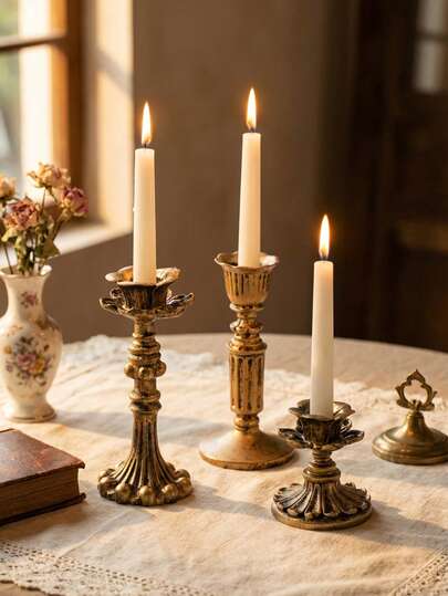 1Pc/Set Vintage-Style Carved Candlestick. The Candlestick Is Made Entirely From Materials With A Distressed Texture. It Has A European Classical Style. It Is Suitable For Decorating European-Style Homes, Vintage-Themed Banquets, Or As A Subtle Luxury Accent For Walls And Tabletops, And Is Also Suitable For Vintage-Themed Weddings, Birthday Parties, And Other Events.