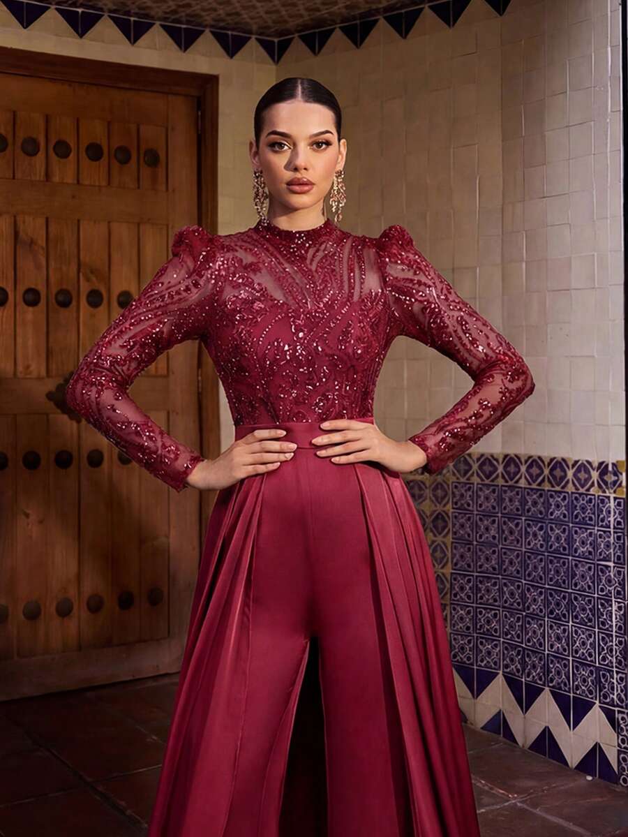 Faeriesty 优雅长袖高领及地连体裤 - 亮片和缎面拼接，蓬松裙摆带拖尾，修身剪裁 | 适合节日派对、新年夜、正式晚宴、情人节派对 - 酒紅色 - 查看 1