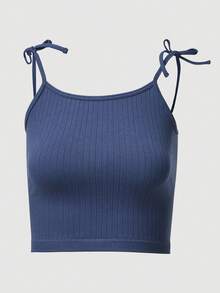 女士简约浅蓝色交叉弹力运动健身背心，夏季 - 藏蓝色 - 查看 3