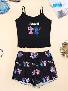 Disney Stitch Print Women's Camisole + Shorts 2 Pieces Set Women's Black Spaghetti Strap Pajama Set - Multicolor - View 1
