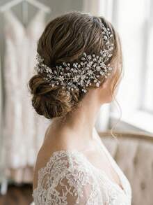 1 chiếc phụ kiện cài tóc hình hoa pha lê, băng đô cô dâu đính đá thủ công, phụ kiện tóc dài linh hoạt, phù hợp cho đám cưới, dạ hội, tiệc tùng. - Bạc - Xem 5