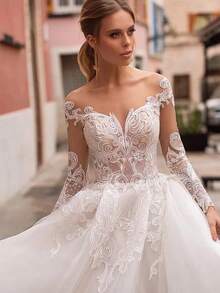 Elegant Sexy Long Sleeves Lace Appliqué A Line Tulle Formal Wedding Dress,Registry Office Dresses Bridal Gown,Evening Party Dress Birthday Party Dress Country Wedding,Romantic Church Ceremony Wedding Dress,Suitable For Wedding,Dating,Party,Singles' Party,Vacation,Formal Occasions,Dinner Dress,Prom Dress,Homecoming Dess,Cocktail Party,Wedding Guest Dress,Graduation - 白色 - 查看 3