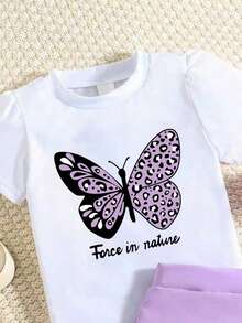 少女标语蝴蝶印花圆领短袖T恤和荷叶边半裙休闲两件套 - 紫色 - 查看 5