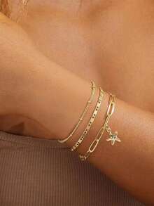 3pcs/Set Women Bohemian Summer Beach Layered Bracelets, Including Golden Plated Multi-Layer Chain, Beaded Chain, Sequin Chain, Paperclip Chain, Copper Zirconia Starfish Pendant Layered Bracelet Set, Ocean Series Jewelry Gift - Yellow Gold - View 1