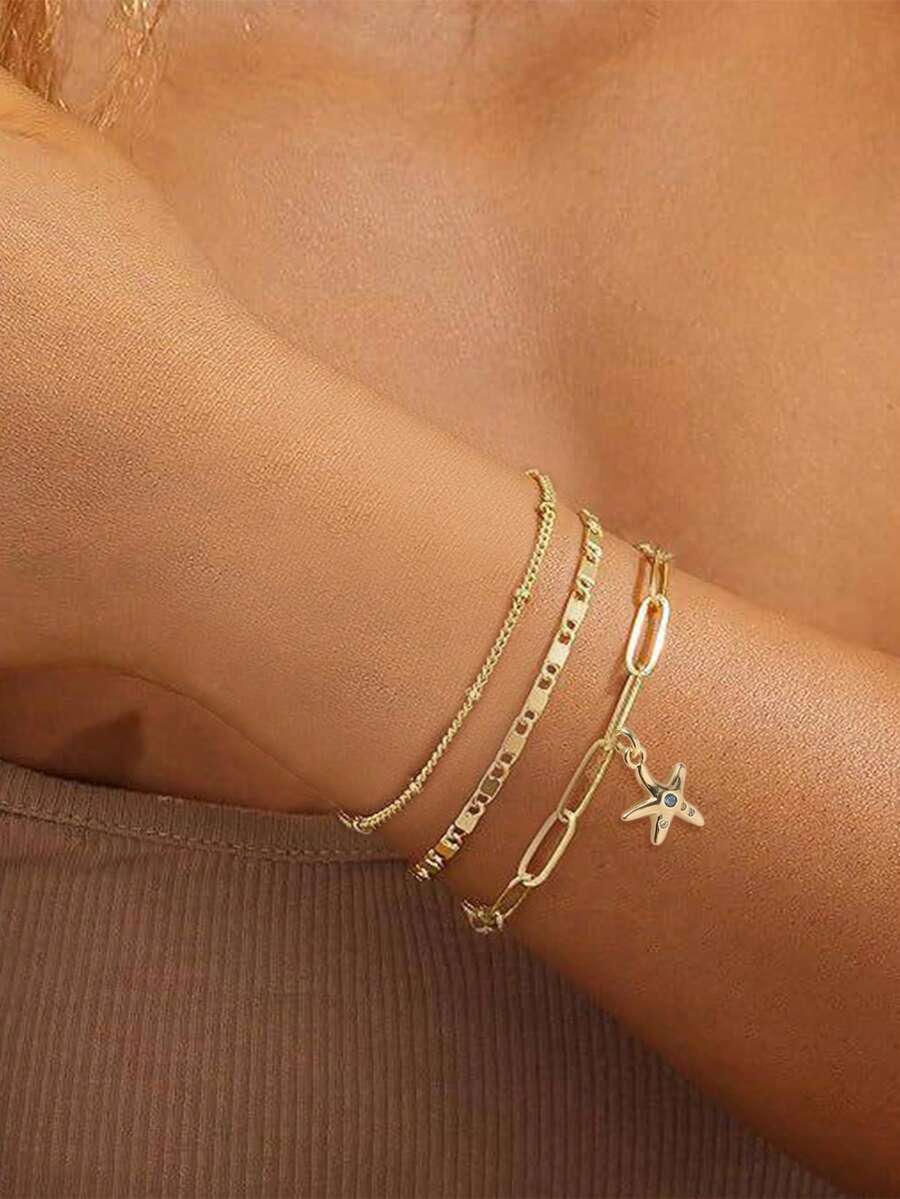 3pcs/Set Women Bohemian Summer Beach Layered Bracelets, Including Golden Plated Multi-Layer Chain, Beaded Chain, Sequin Chain, Paperclip Chain, Copper Zirconia Starfish Pendant Layered Bracelet Set, Ocean Series Jewelry Gift - Yellow Gold - View 1
