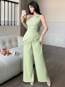 abyoxi Bộ đồ nữ màu xanh lá cây nhạt, không tay, lệch vai, xếp ly eo, phối ren vạt bất đối xứng và quần ống rộng, gợi cảm và thanh lịch, thích hợp đi làm, đi chơi hàng ngày, dự tiệc tối trang trọng, hẹn hò, dự tiệc, ngày Valentine, áo ôm sát và quần dài, trang phục mùa xuân hè. - Hạt đậu xanh - Xem 7