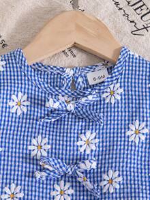 女婴可爱雏菊印花蓝色格子蝴蝶结荷叶边无袖上衣和宽松蝴蝶结短裤两件套，度假风 - 藍色 - 查看 8