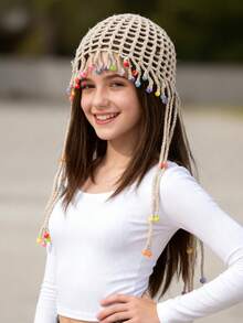 1pc Handmade Crochet Bohemian Style Teenage Hat (12-16 Years Old) - Breathable Tassel Beaded Sun Hat, Lightweight Hollow Summer Headwear - Handmade Openwork Headdress With Tassels - View 3