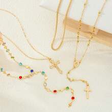 Vintage Colorful Rhinestone Multi-Layer Necklace Cross Pendant Zinc Alloy Gold Plated Stacked Wear Collarbone Chain - Vàng - Xem 7