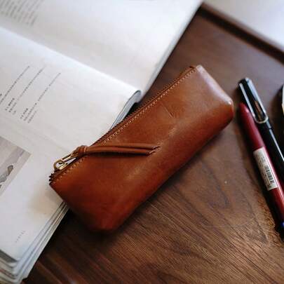 1pc Vintage Minimalist Large Capacity Pencil Case, PU Leather Storage Bag, Makeup Brush Organizer Pouch, Portable Travel Organizer Bag