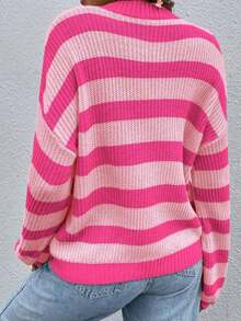 Women's Casual Pink Striped Round Neck Long Sleeve Rib-Knit Pullover Sweater Top - Đỏ - Xem 4