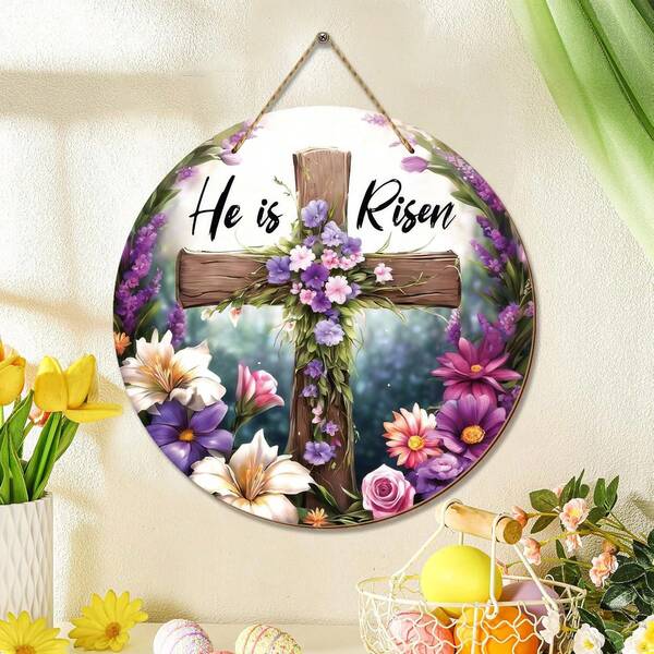 1件圆形复活节木制装饰“他已复活”标志花环，用于前门装饰，宗教十字架复活节悬挂门饰，农舍花卉“他已复活”门牌挂件，用于家居春季墙面室内外装饰