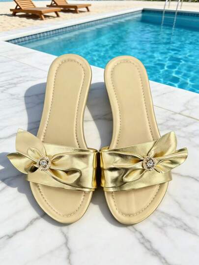 Sandalias planas con lazo de strass para mujer, elegantes y con detalles dorados, de estilo deslizante y puntera redonda, cómodas y versátiles para primavera/verano, fiestas y uso diario