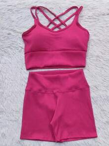 Ribbed Summer Set - Shorts And Top For Gym - Hot Pink - View 3
