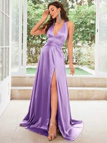 MUXXN 1950s Retro V-Neck Backless Satin Cocktail Party Dress - Lilac Purple - View 5