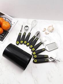 1件/8件套多功能不锈钢厨房工具套装，带收纳架：刨丝器、压蒜器、开罐器、削皮器、打蛋器、冰淇淋勺、锅铲、披萨/蛋糕切割器。必备厨房小工具，乔迁或节日送礼佳品。 - 彩色 - 查看 10