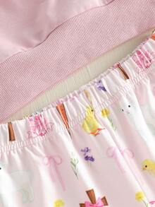 Conjunto de 2 piezas de sudadera de manga larga con cuello redondo bordado y pantalones acampanados estampados para niña pequeña de Pascua - Rosa - Ver 8