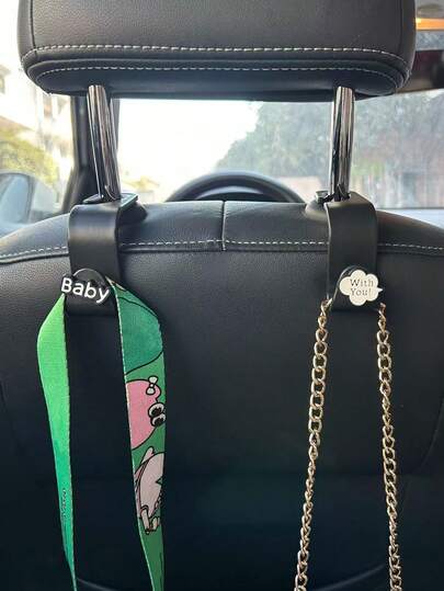 2pcs Black & White Floral Cat Letter Car Seat Back Hook, Car Accessories