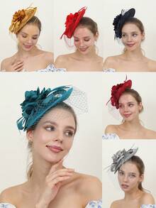 1顶女士迷人头饰，花朵造型，带面纱，适合鸡尾酒会、下午茶会和赛马会等场合，也适合赛马场单人排队、嘉年华下午茶会等。