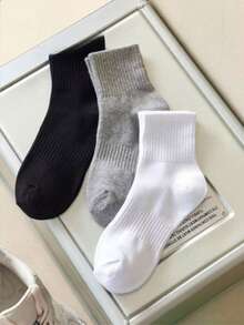 1/3/6双装黑/白/灰纯色双条纹男女通用中筒袜，适合户外活动、休闲穿着，男女通用加厚长袜，适合冬季和秋季穿着。 - 彩色 - 查看 1