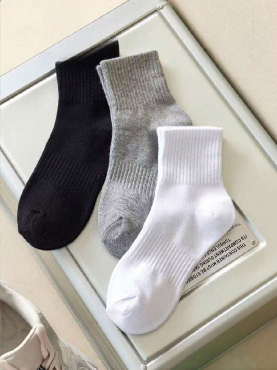 1/3/6双装黑/白/灰纯色双条纹男女通用中筒袜，适合户外活动、休闲穿着，男女通用加厚长袜，适合冬季和秋季穿着。 - 彩色 - 查看 1