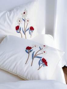 花卉植物刺绣被套套装，白色三件套，包含1个被套和2个枕套，超柔软透气时尚被套