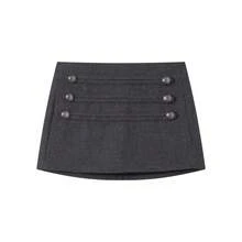 经典黑色羊毛混纺纽扣装饰A字迷你裙，休闲简约设计