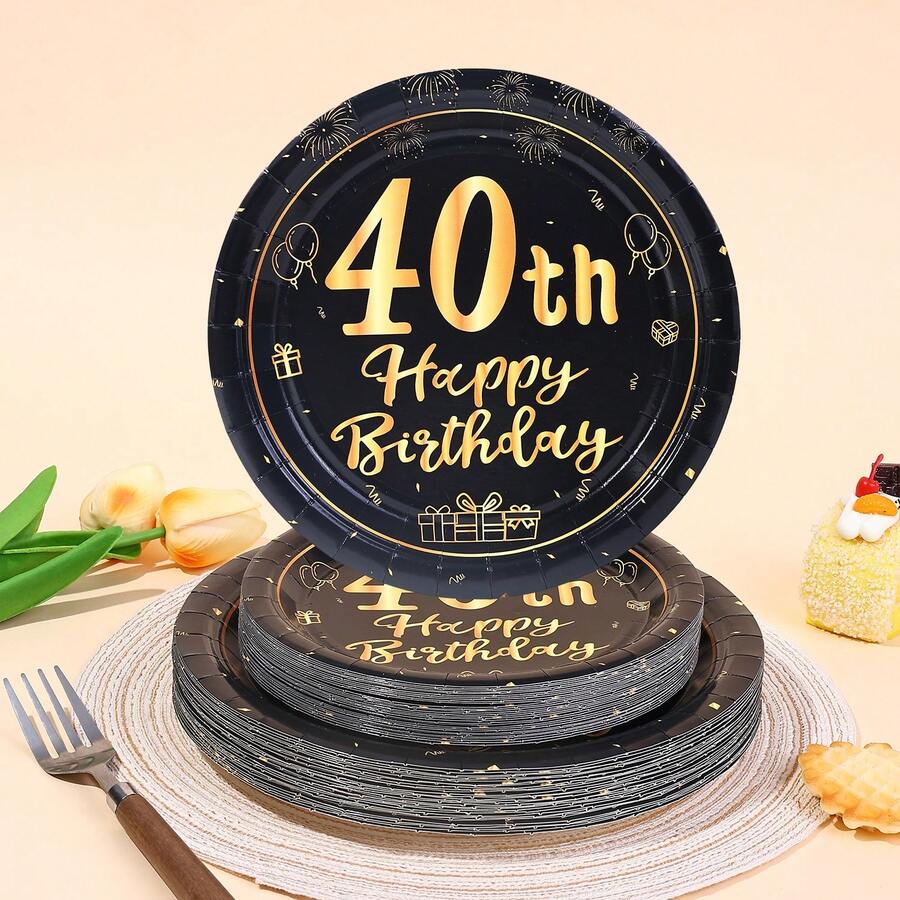 10件/20件/40件/50件 40歲生日裝飾 中性 40歲生日快樂 黑金色 7英吋與9英吋紙盤 餐具 適用於40歲生日派對 女性 男性 40週年紀念品 40週年一次性甜點盤 40週年紀念盤 中性復古40歲生日裝飾 - 彩色 - 查看 1