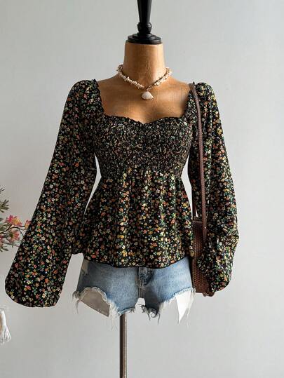 Rusttydustty Vintage Romantic Floral Pleated Long Sleeve Shirt, Casual Elegant Bohemian, Sweet Elegant Blouse, Suitable For New Year, Valentine's Day