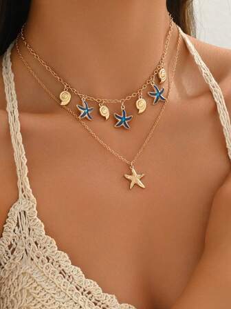 1pc Double Layer Minimalist Creative Ocean Holiday Party Drip Oil Starfish Pendant Necklace, Summer