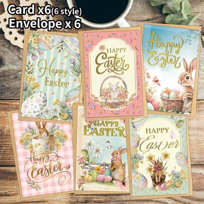 6pcs Happy Easter Bunny & Egg Greeting Cards With Envelopes - Cartoon Rabbit Floral Easter Celebration Cards For Friends And Family, Holiday Wishes Cards For Anyone, Easter Gift