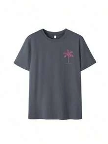 2026 Summer Shirts Women's New Palm Tree Slogan Print Casual Round Neck Short Sleeve T-Shirt, Fashionable Resort Style, Your Daily Essential Item. Gr - 深灰色 2 - 查看 4