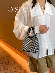 1pc Elegant Silver Handbag, Fashionable Rhinestone Bucket Bag With Chain Shoulder Strap - Silver - View 8