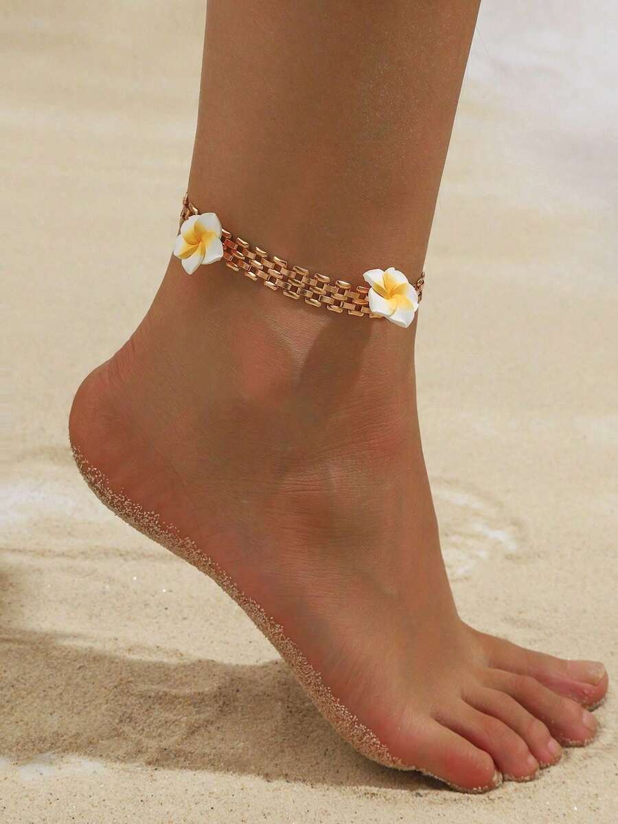 1 chiếc vòng chân hoa bằng gốm trắng thanh lịch, trang sức kiểu kim loại thời trang phù hợp cho trang phục thường ngày, đi biển, du lịch. - Vàng - Xem 1