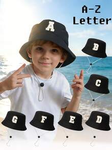 1顶26字母印花儿童渔夫帽+可拆卸防风绳，可调节户外遮阳帽，适合男孩女孩，春秋季旅行、海滩、度假 - 黑色 - 查看 1